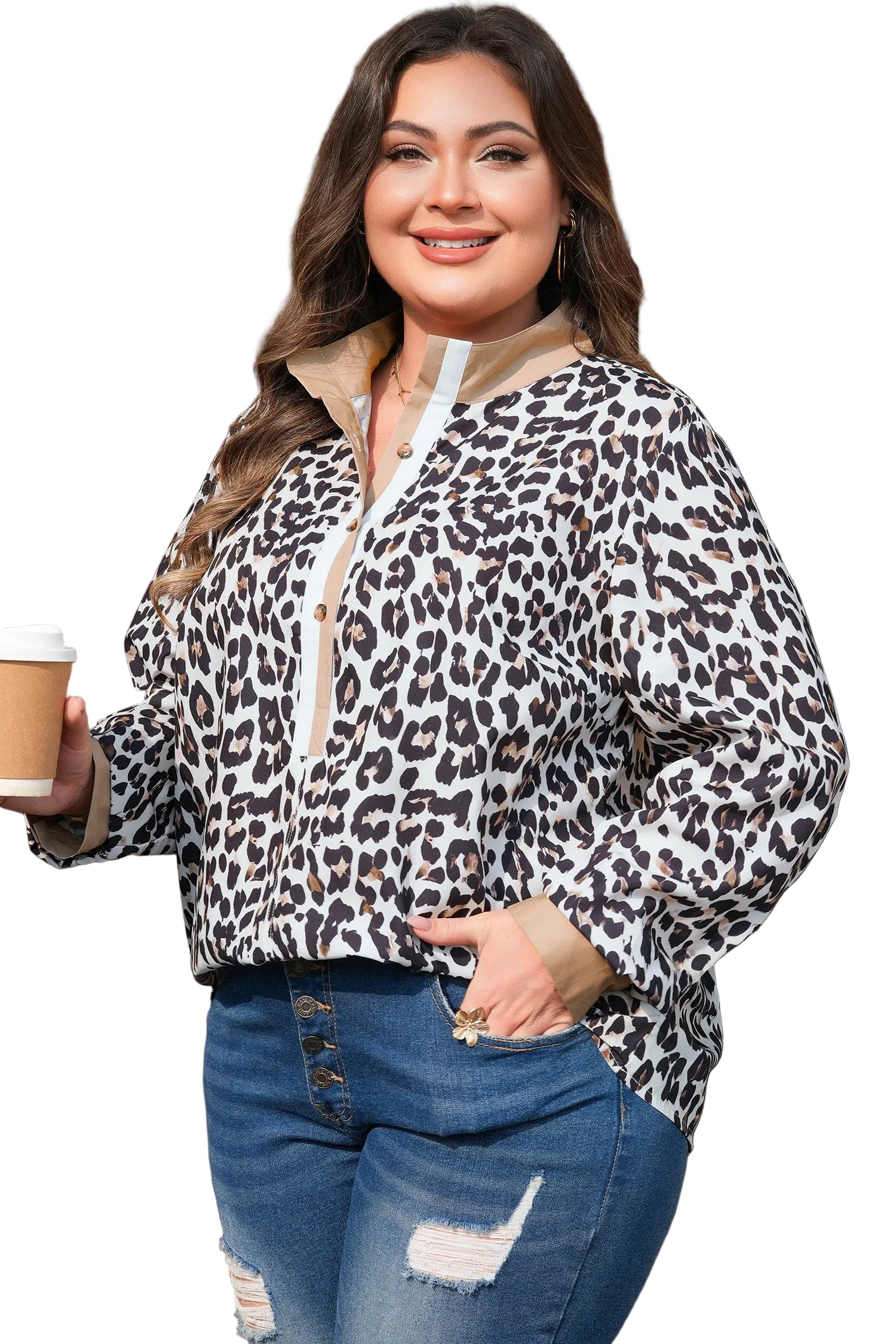 Multicolour Leopard Print Contrast Trim Button Split Neck Plus Long Sleeve Top