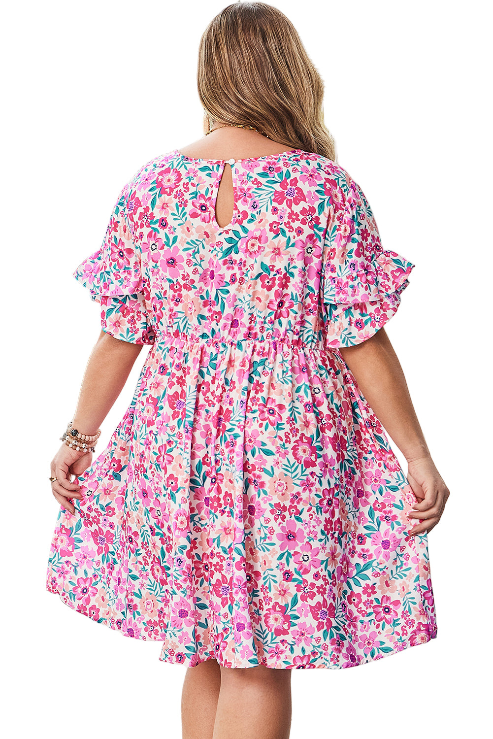 White Plus Size Floral Print Frilled Short Sleeve Flare Dress