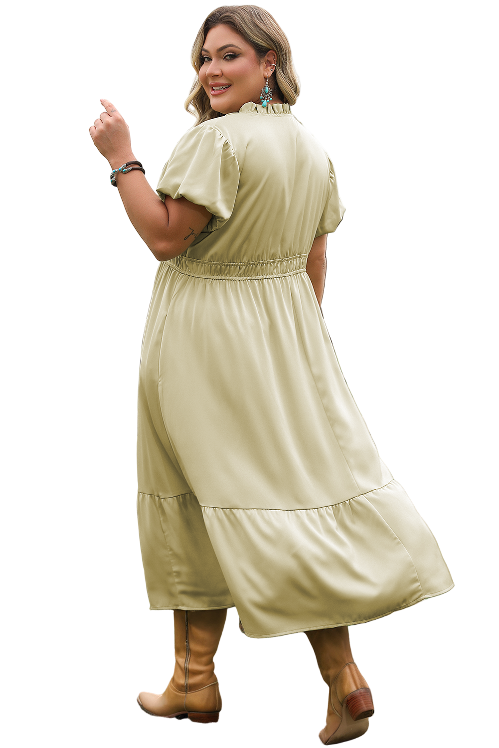 Laurel Green Notched V Neck Puff Sleeve Tiered Plus Size Maxi Dress