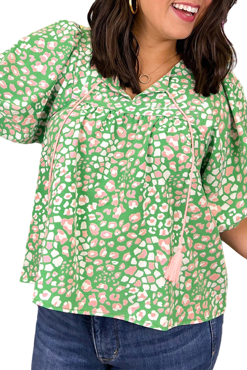 Green Plus Size Leopard Tassel Tie Split Neck Puff Sleeve Blouse