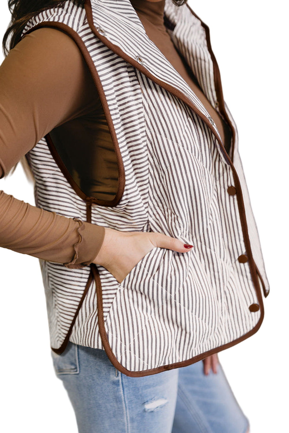 Brown Stripe Quilted Wavy Hem Snap Button Plus Size Vest