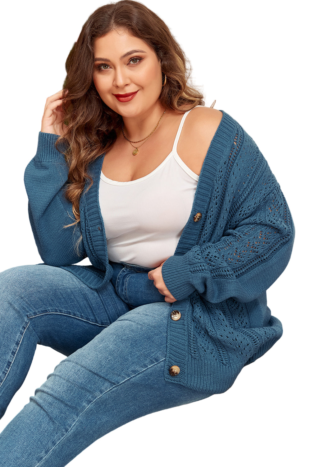 Real Teal Open Knit V Neck Button Front Drop Shoulder Plus Size Cardigan