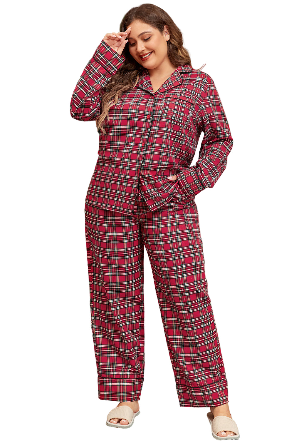 Red Plaid Printed Shirt and Pants Plus Size Lounge Set