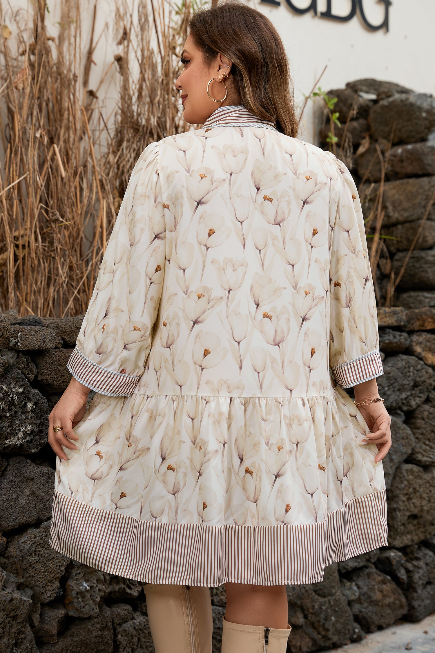 Khaki Plus Size Floral Print Striped Trim Patchwork Button Down A-line Dress