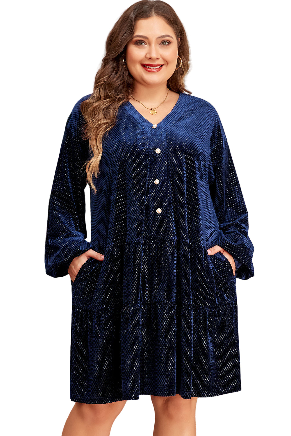 Meadow Mauve Plus Size Textured Velvet Tiered Buttons Tiered Dress