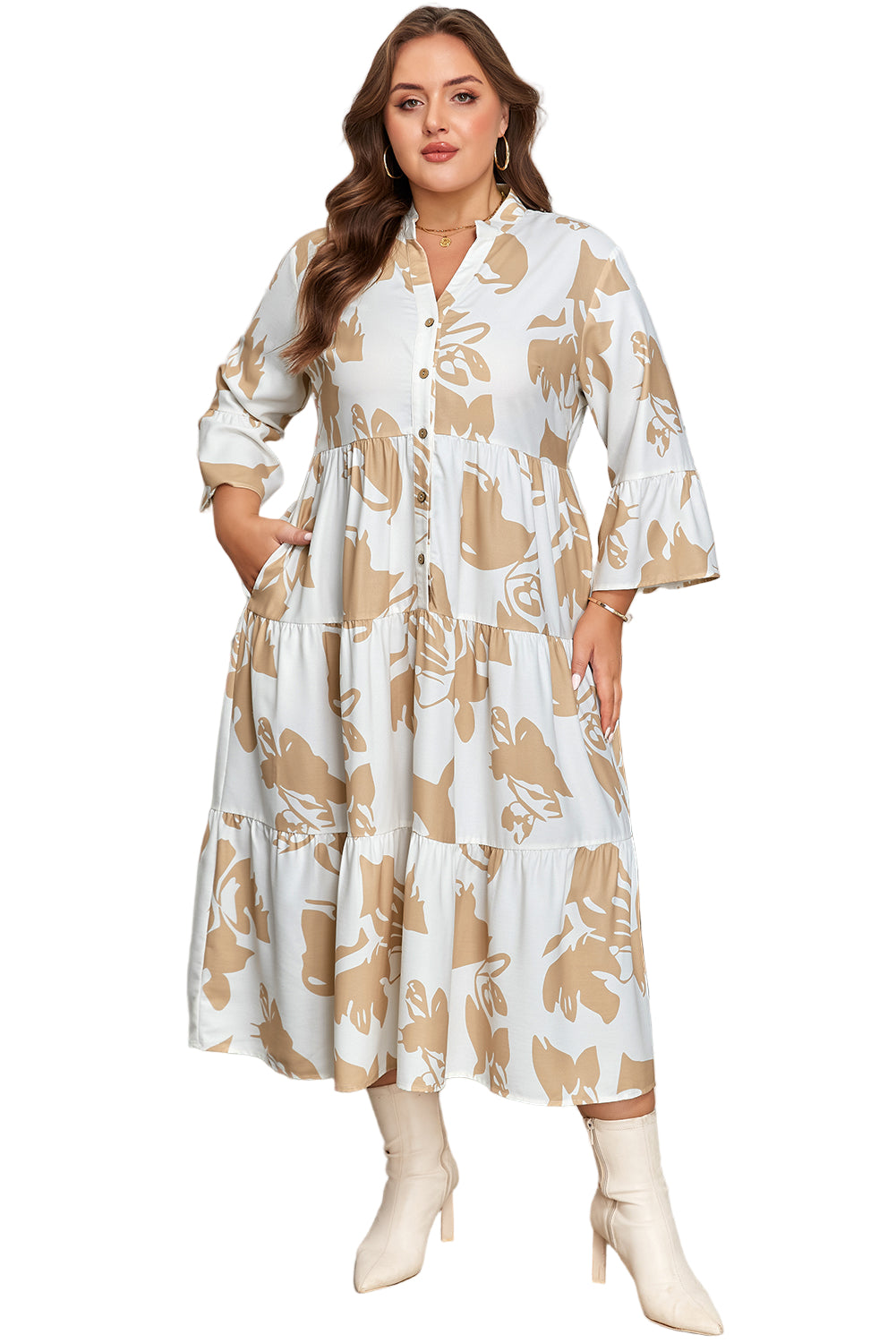 Khaki Patterned Ruffled Sleeve Half Placket Tiered A-line Plus Size Long Dress