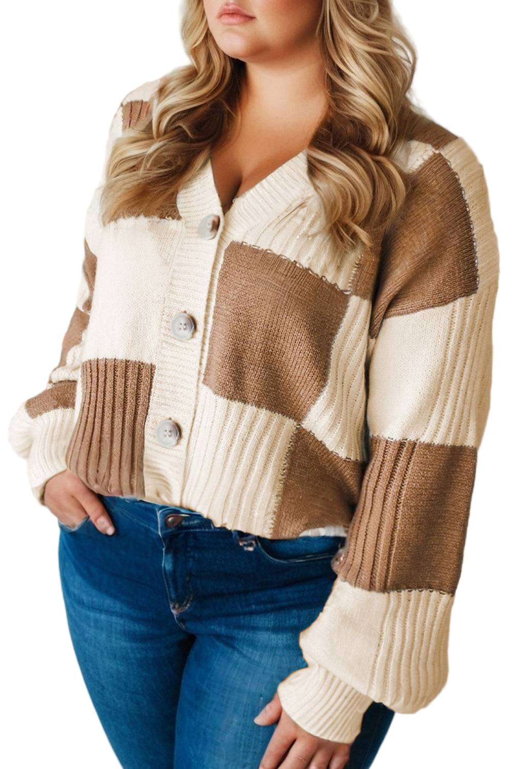 Khaki Checkered Ribbed Texture Knit Plus Size Cardigan Sweater