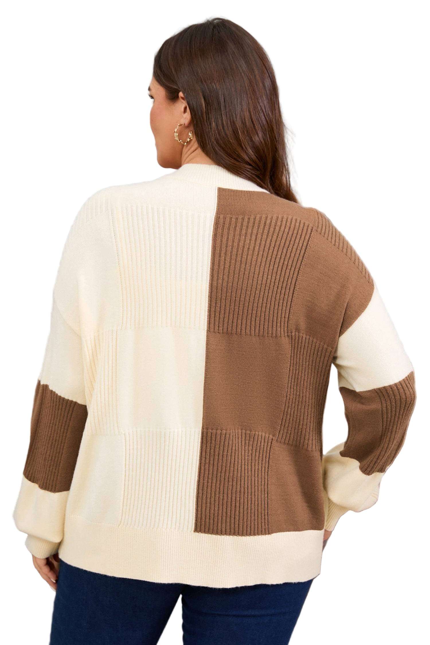 Khaki Checkered Ribbed Texture Knit Plus Size Cardigan Sweater