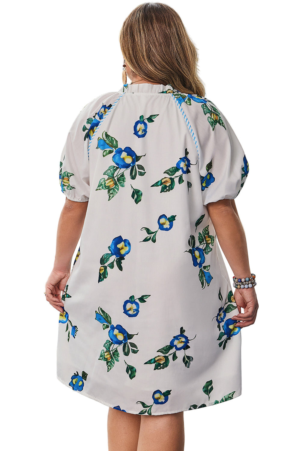 White Plus Size Floral Short Puff Sleeve Contrast Tie V Neck Dress