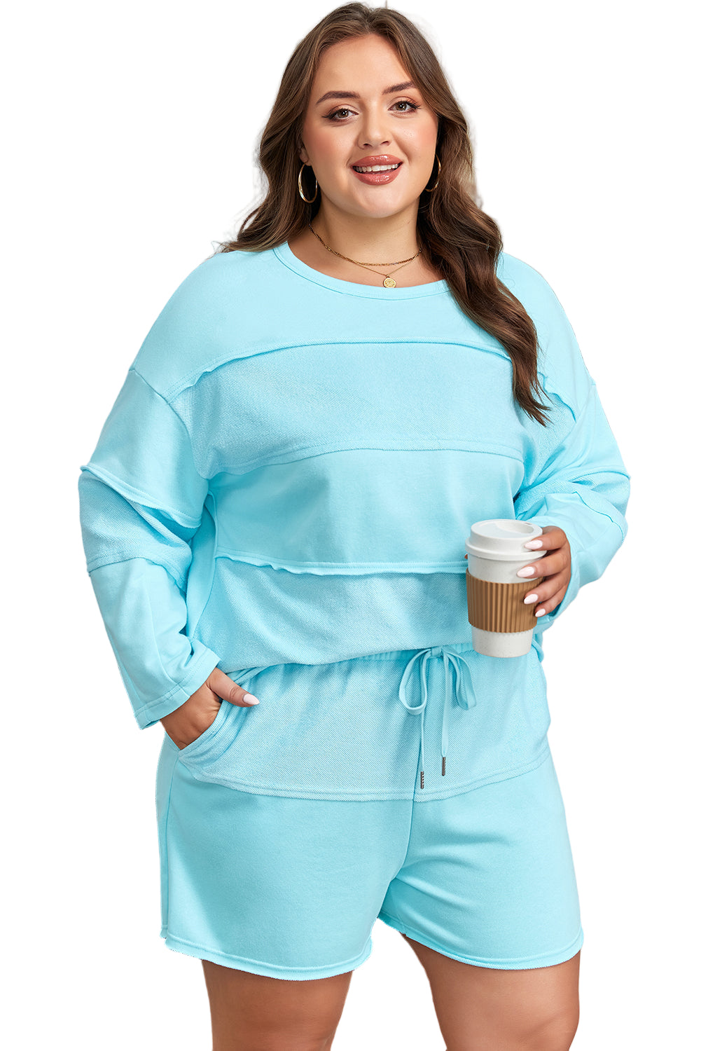 Aruba Blue Plus Size Solid Color Splicing Raw Hem Pullover Top Shorts Set