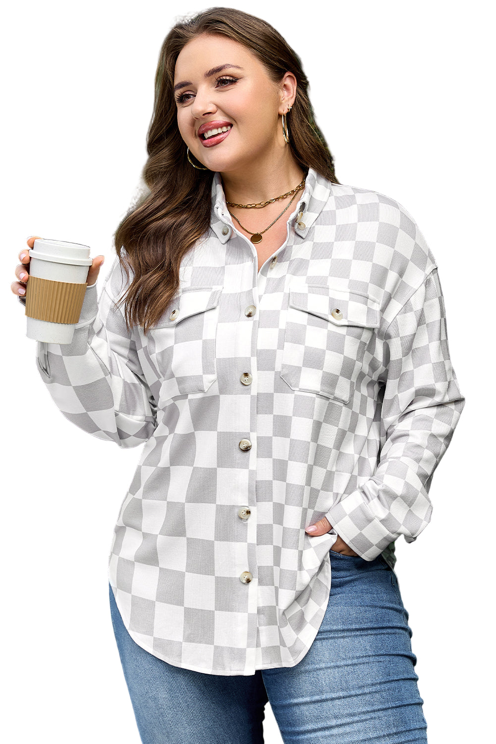Khaki Plus Size Checkered Buttoned Down Casual Western Jacket