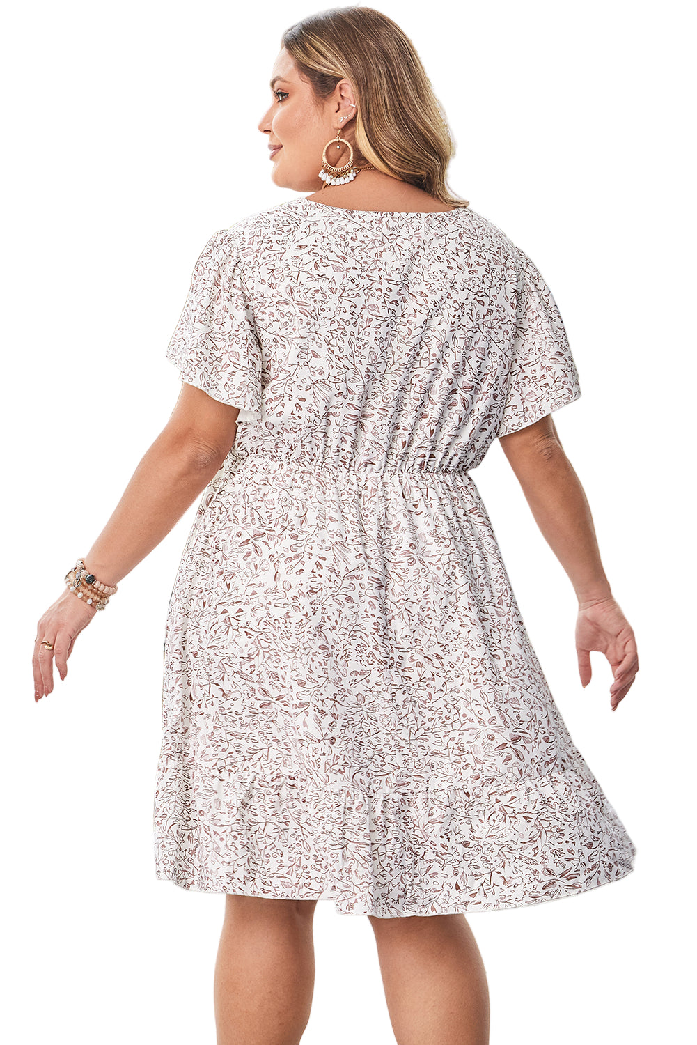 White Floral V Neck Ruffled Short Sleeve Plus Size Dress
