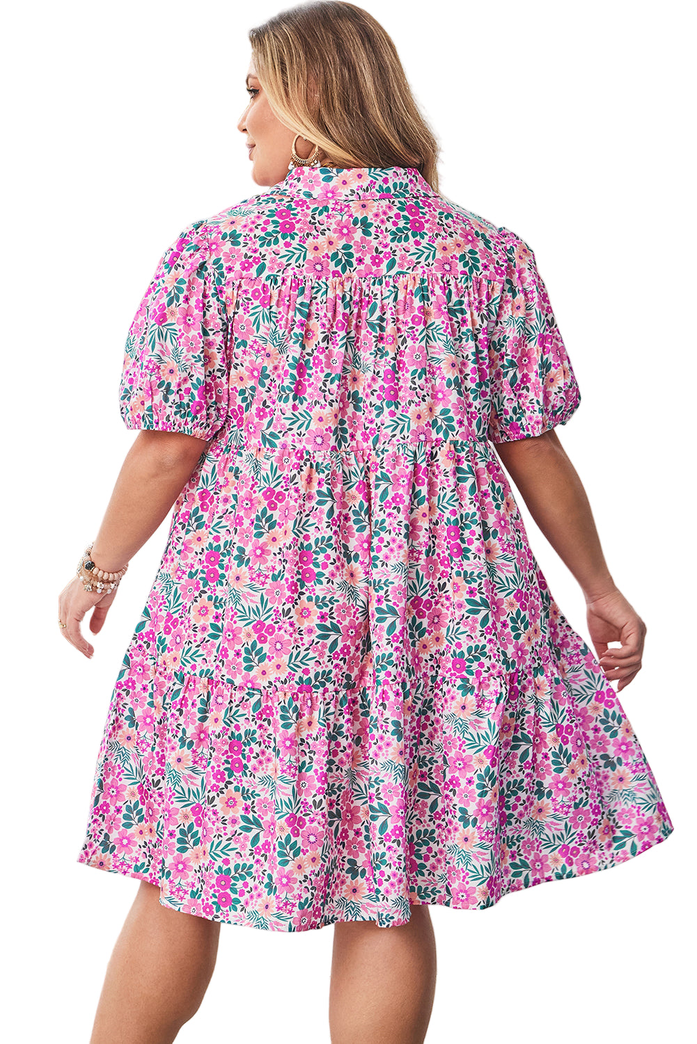 Pink Plus Size Floral Half Button Short Puff Sleeve A-line Dress