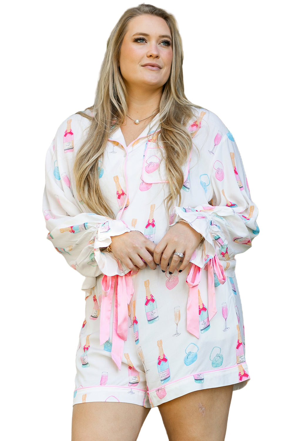 White Plus Size Wine Glass Print Bow Knot Pajama Set