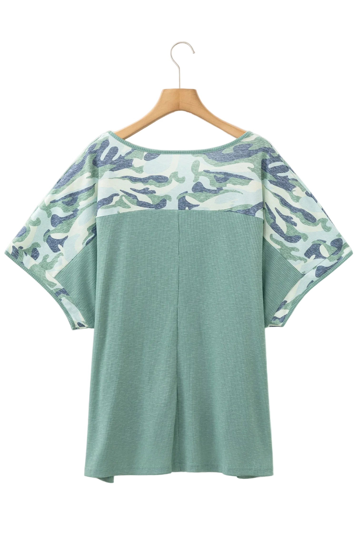 Mist Green Ribbed Camouflage Patchwork Plus Size V Neck Tee