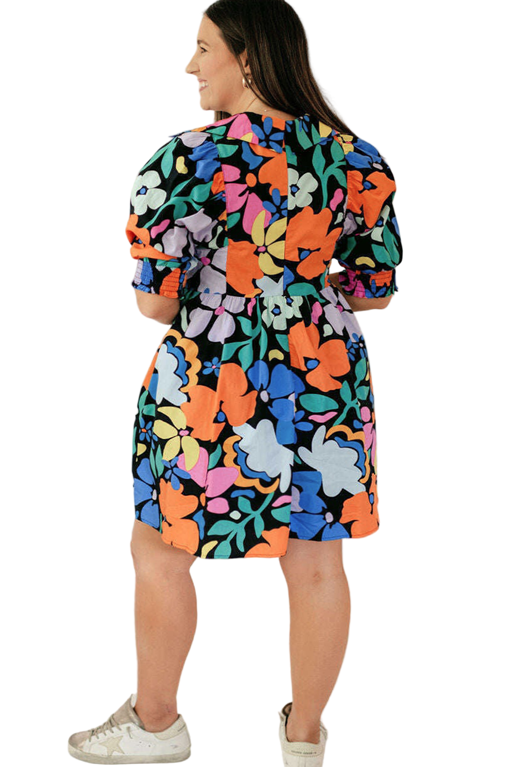 Blue Split Neck Collared Plus Floral Dress