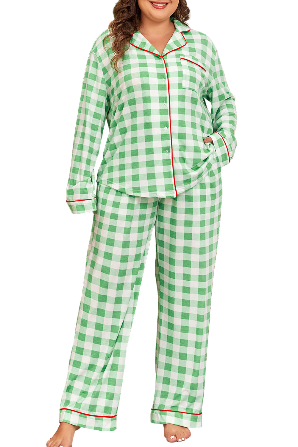 Green Plaid Print Contrast Trim Long Sleeve Plus Size Pajama Set