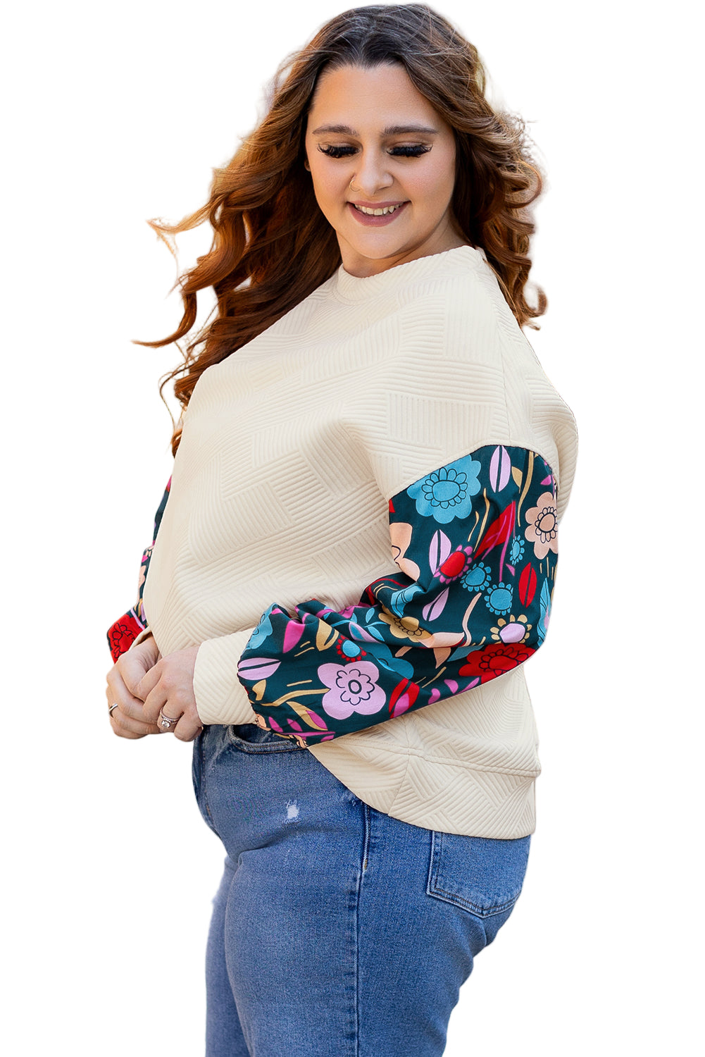 White Floral Patchwork Sleeve Textured Plus Size Pullover Top