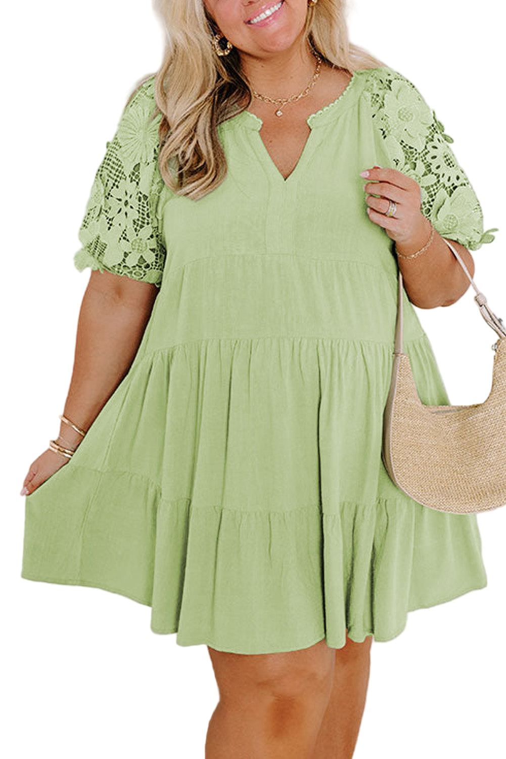Laurel Green Floral Crochet Short Sleeve Notch V Neck Tiered Plus Size Mini Dress