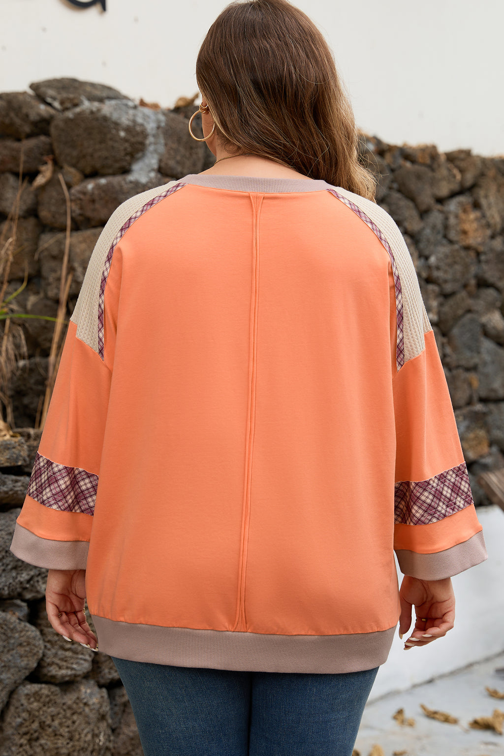 Grapefruit Orange Plaid Flower Waffle Patched Plus Size 3/4 Sleeve Top