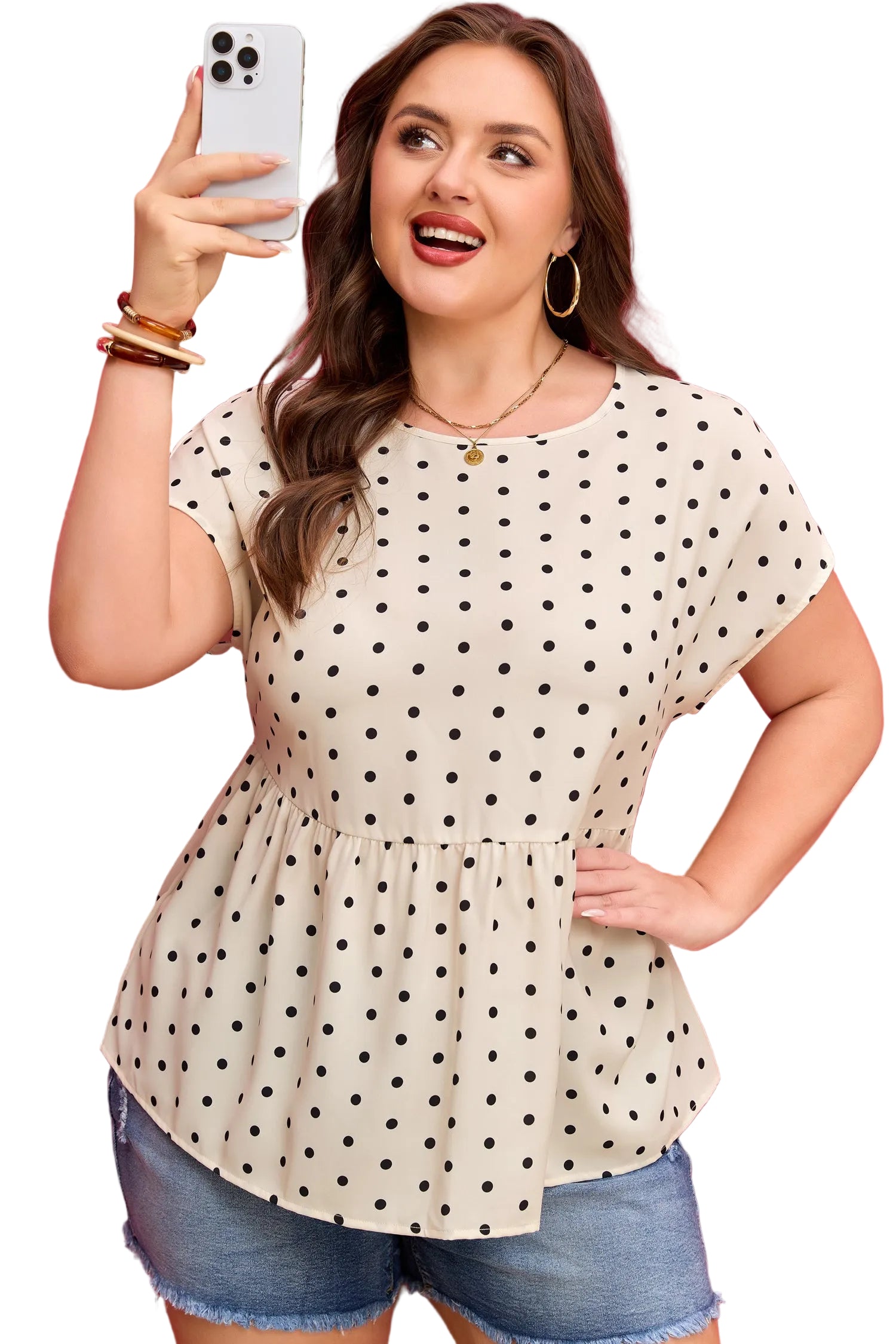 Apricot Plus Size Polka Dot Print Button Detail Short Sleeve Babydoll Blouse
