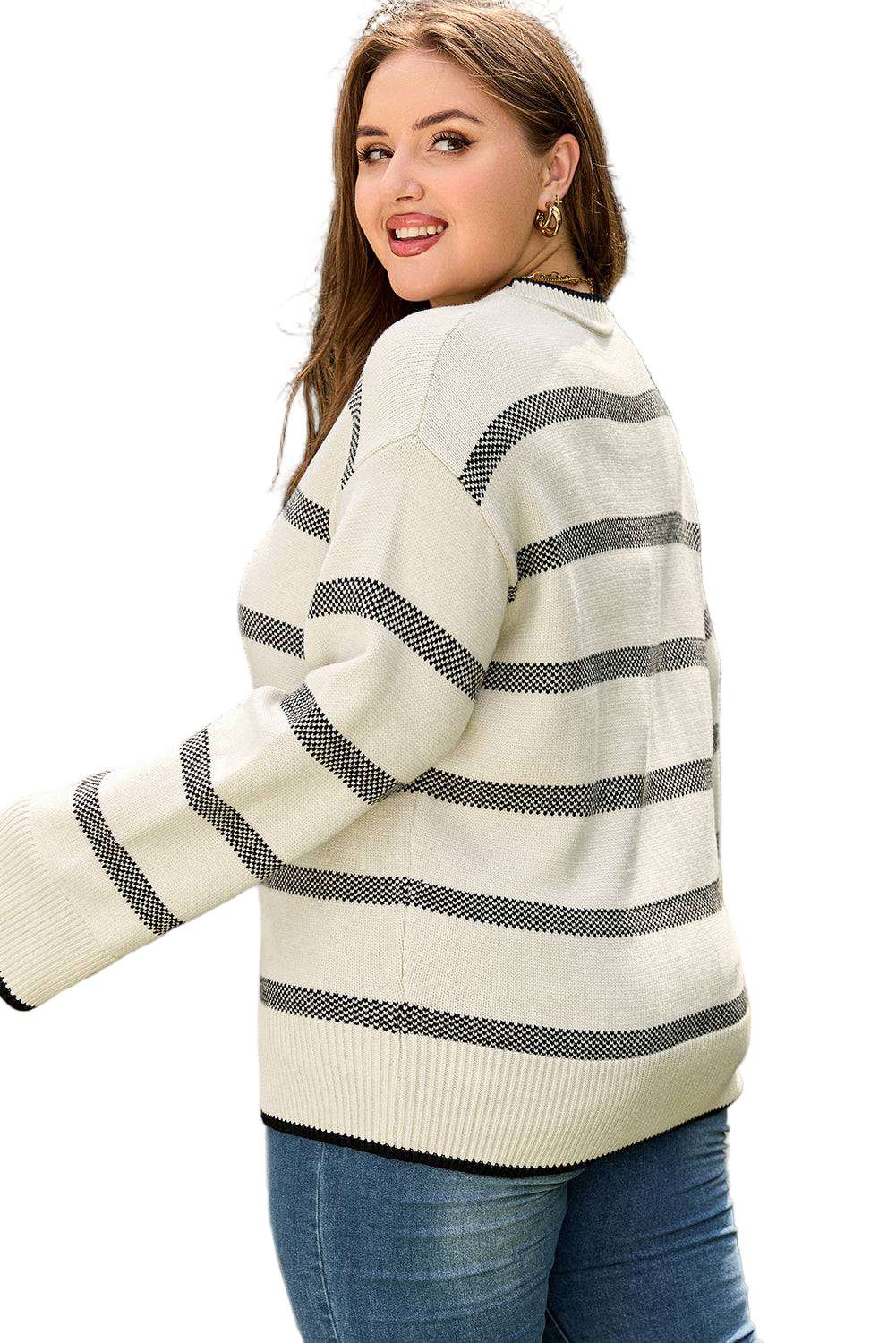 Apricot Stripe Wide Sleeve Drop Shoulder Crew Neck Plus Sweater