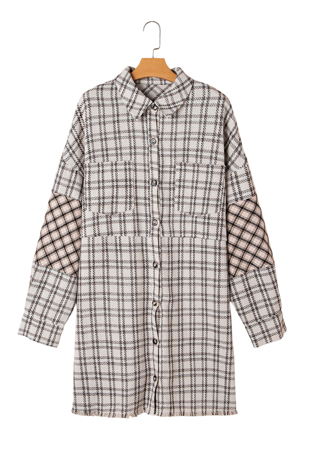 White Stripe Plus Size Plaid Buttoned Raw Hem Tunic Shirt Dress