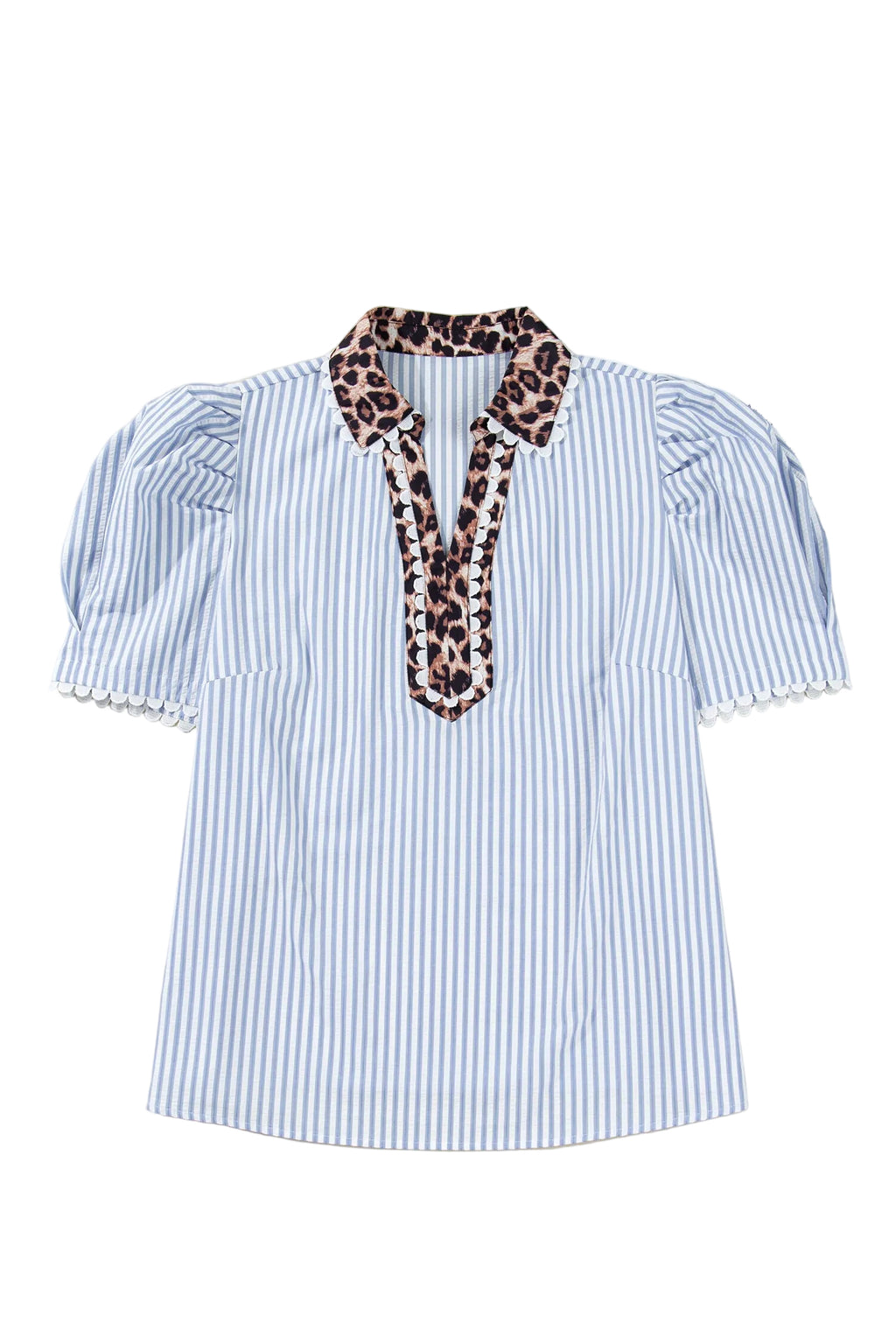 Sky Blue Stripe Plus Size Leopard Patchwork Collar Short Bubble Sleeve Blouse
