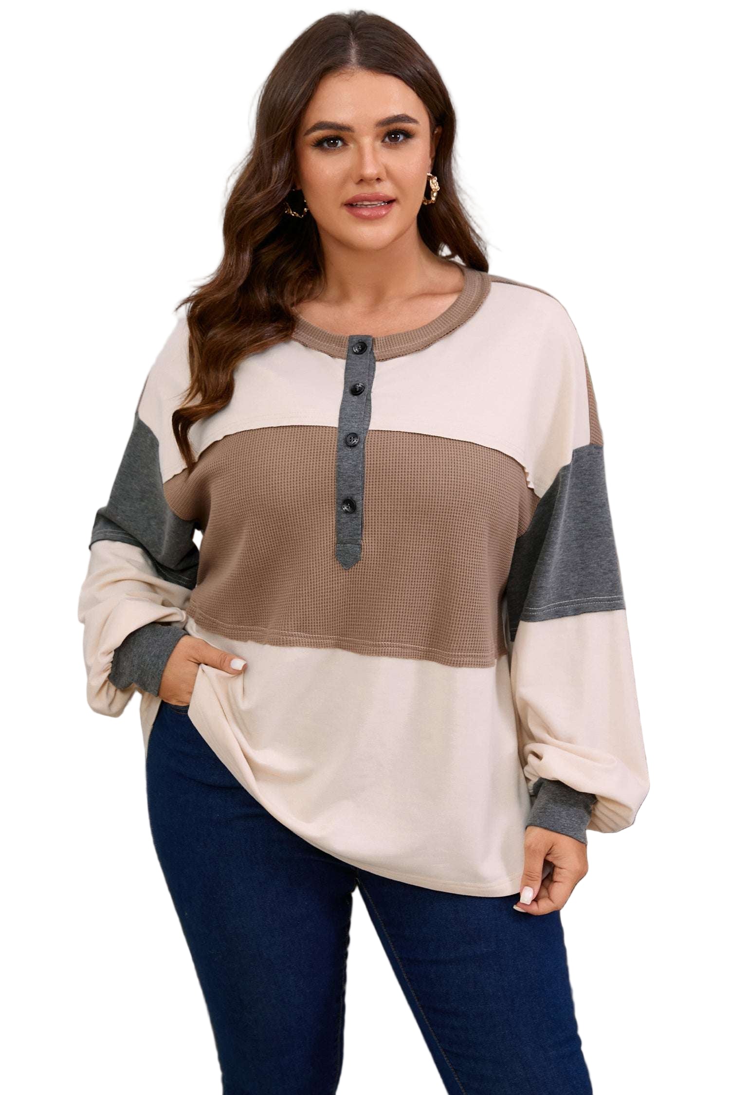 Jet Stream Waffle Patchwork Colorblock Half Buttons Casual Plus Size Knit Jumper