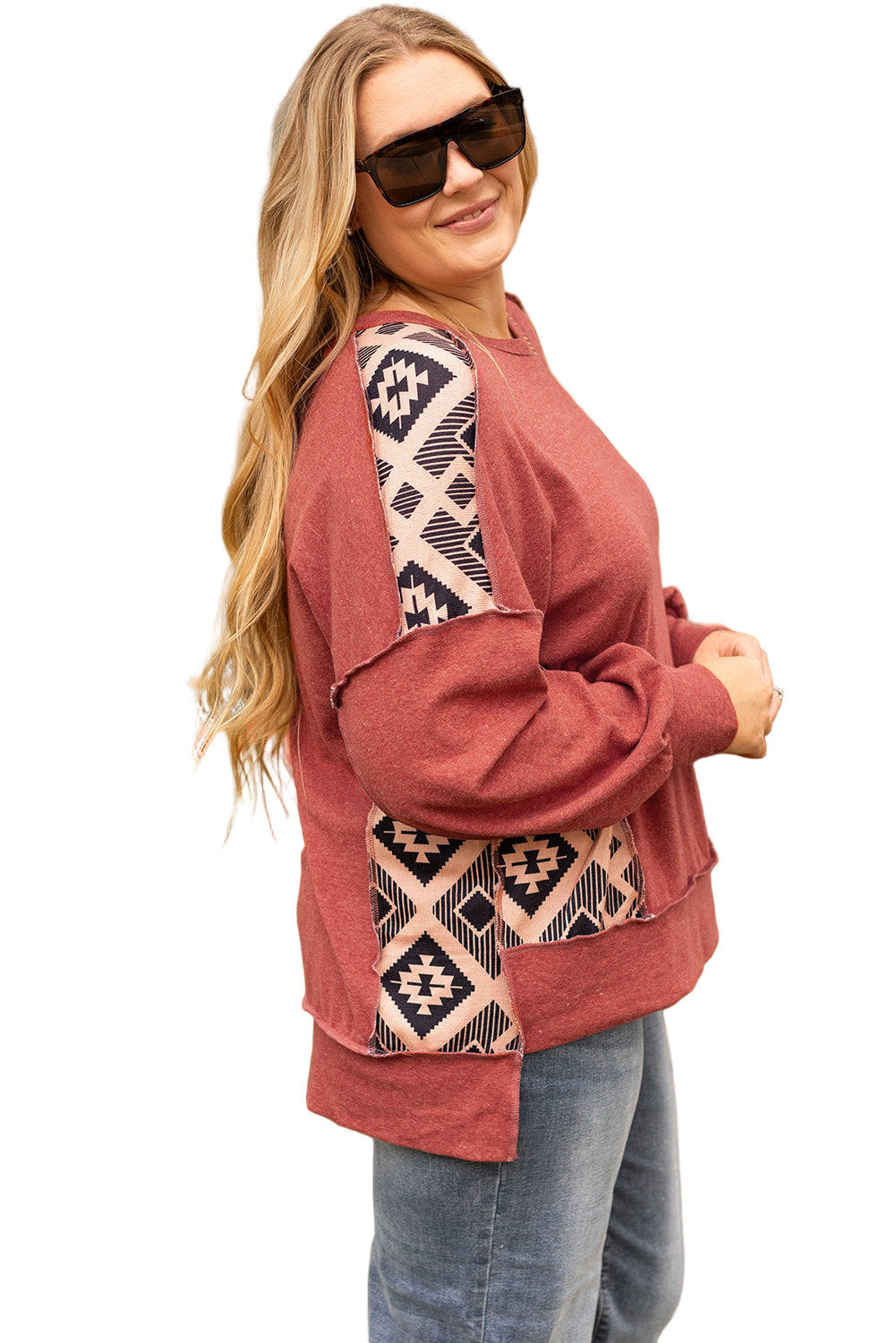 Redwood Burl Aztec Patchwork Drop Shoulder Plus Size High Low Sweatshirt