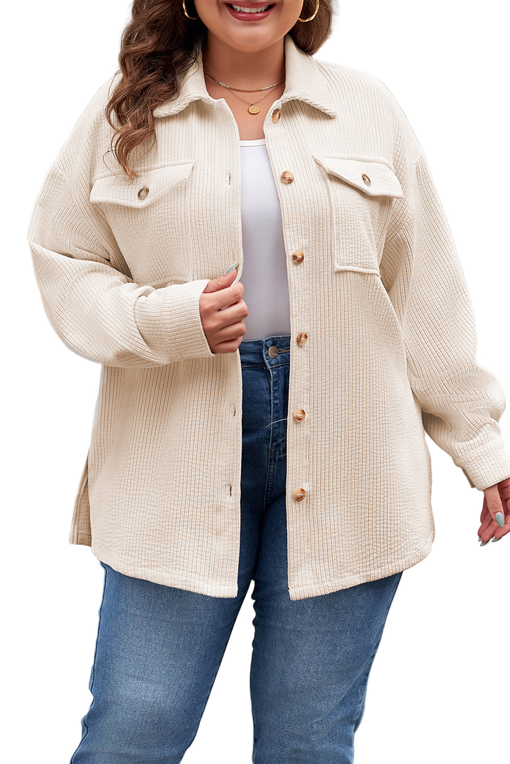 Oatmeal Textured Flap Pockets Buttoned Plus Size Shacket