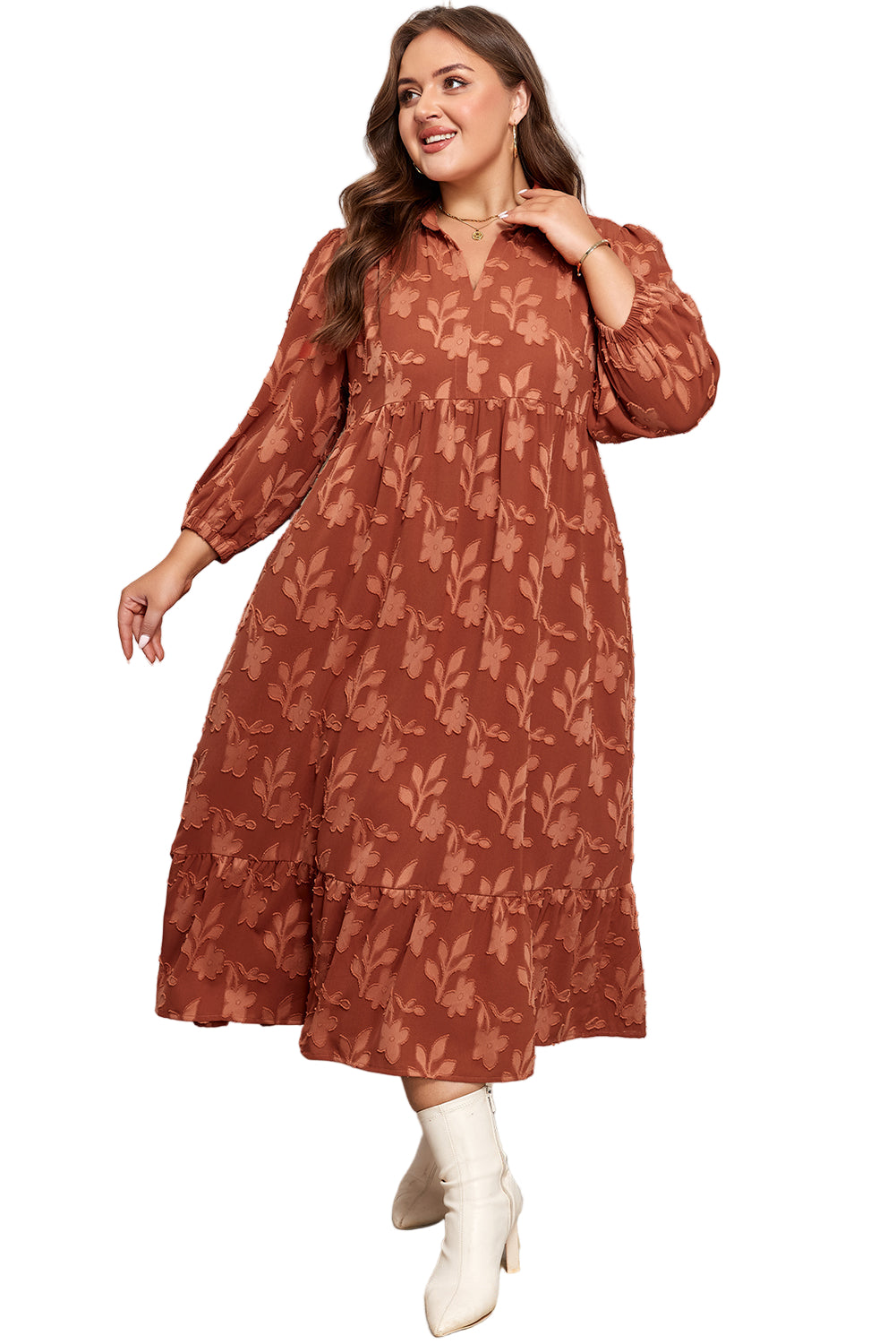 Cinnamon Plus Size Textured 3D Flower Pattern Ruffle Hem 3/4 Sleeve Long Dress