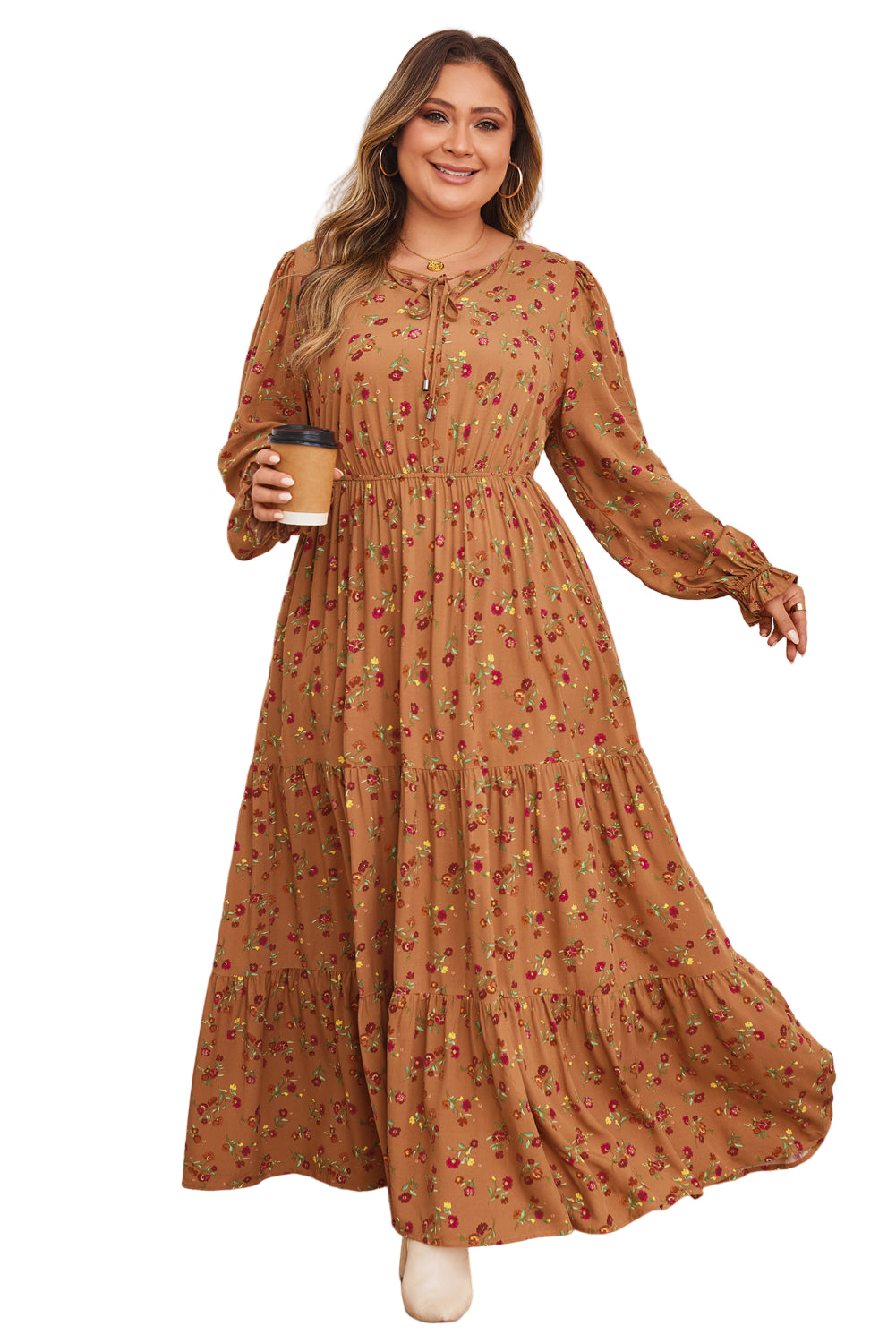 Brown Plus Size Floral Split V Neck Ruffled Sleeve Tiered Maxi Dress