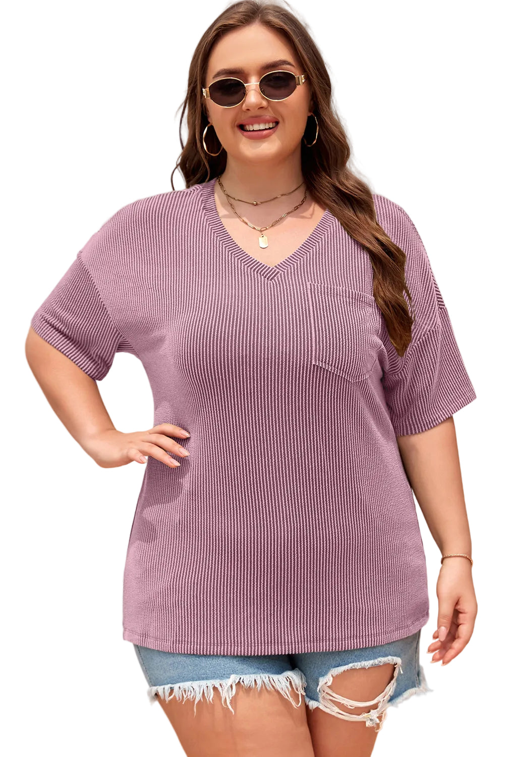 Black Textured V-Neck Dropped Shoulder Plus T-Shirt