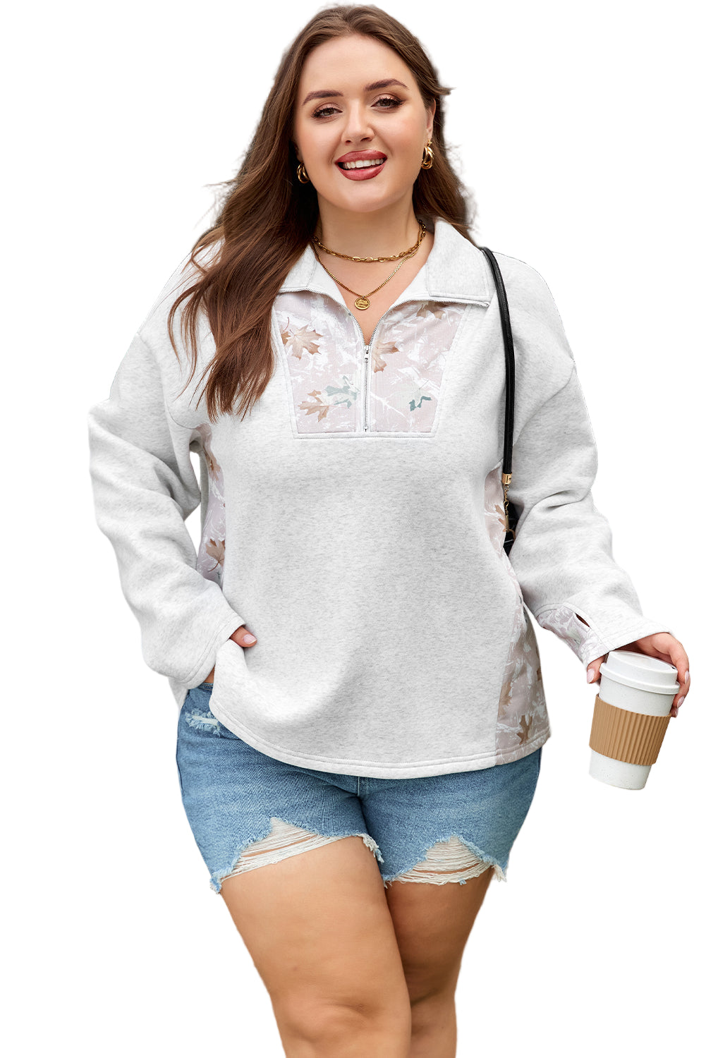 Gray Camo Leaves Patchwork Zipped Collar Pullover Plus Size Sweatshirt