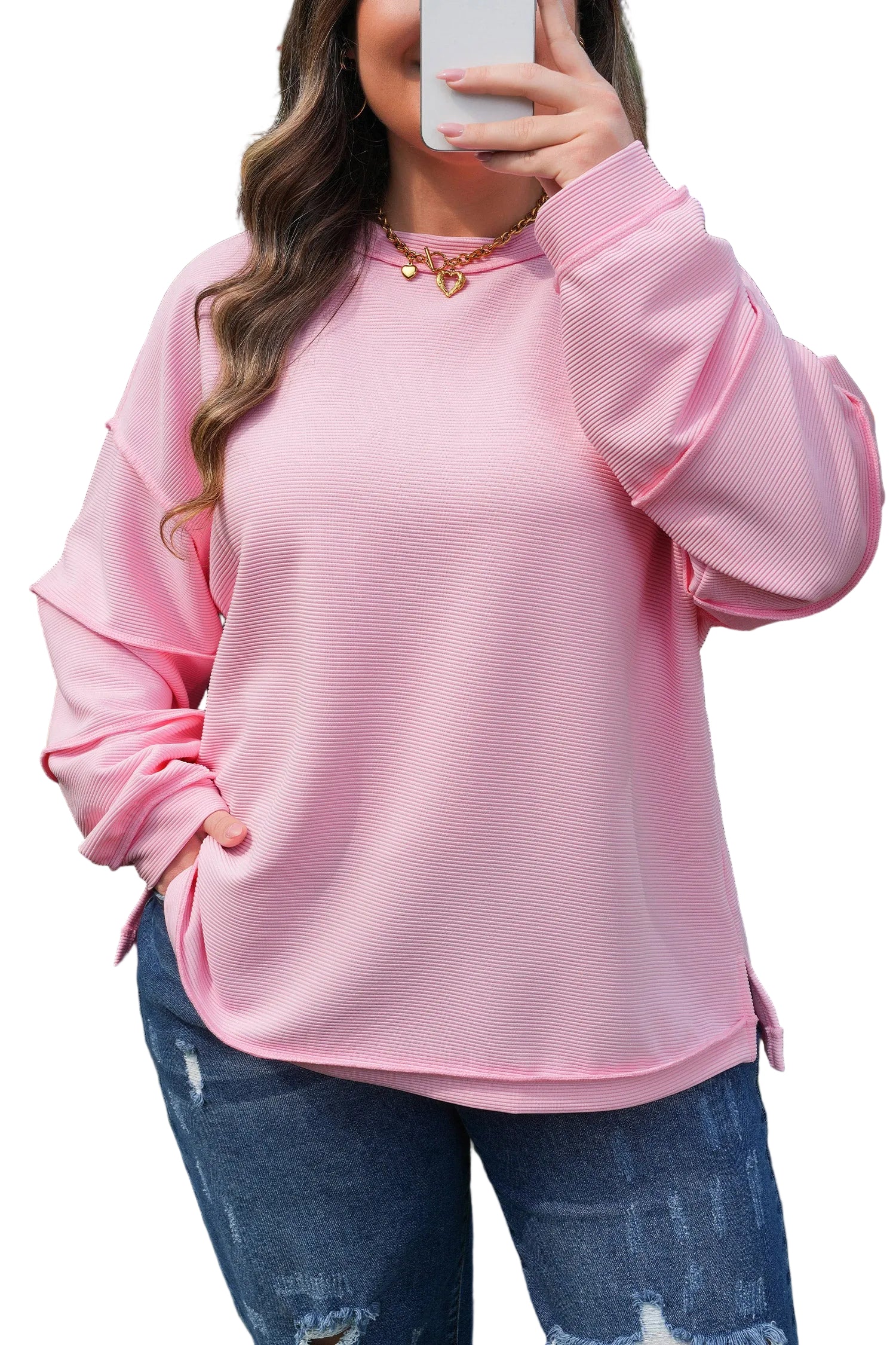 Pink Drop Shoulder Long Sleeve Plus Size Ribbed Top