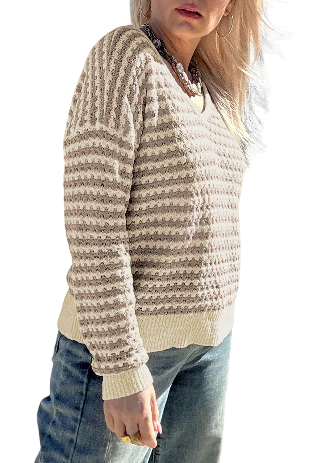 Khaki Stripe Plus Size V Neck Drop Shoulder Sweater