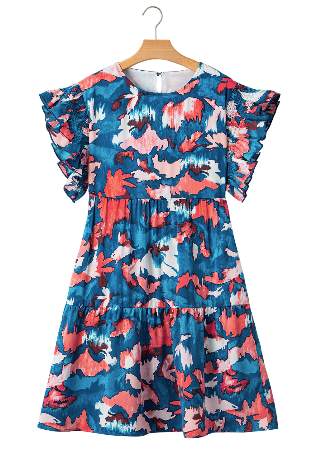 Blue Abstract Print Shirred Ruffled Short Sleeve Tiered Plus Size Mini Dress