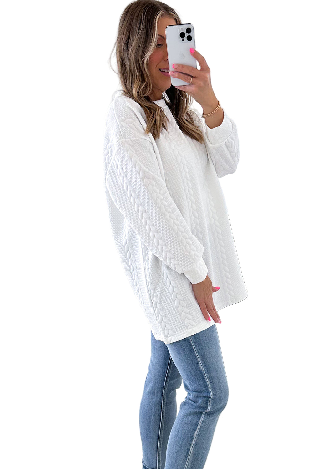 White Textured Loose Plus Size Long Sleeve Top