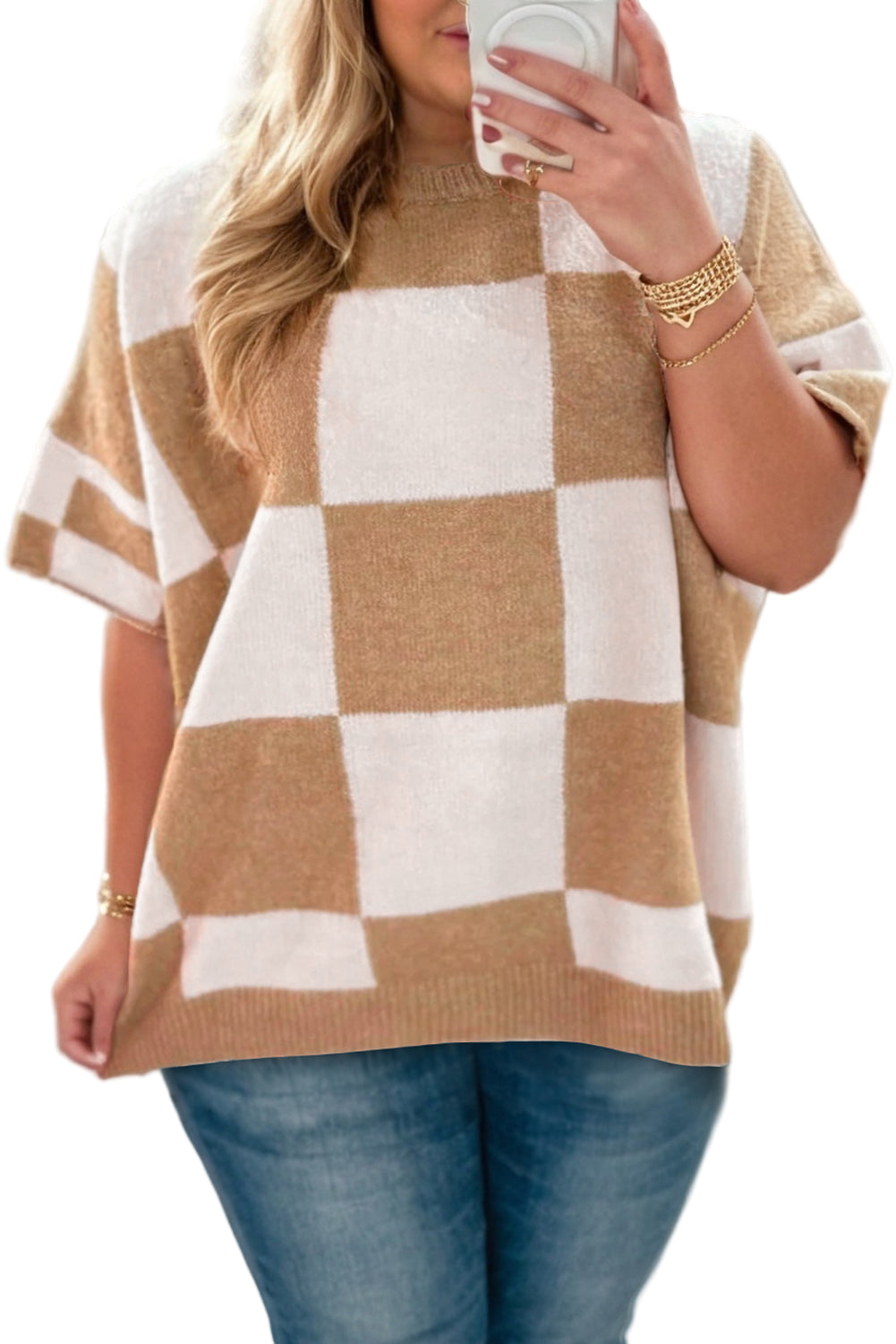 Light French Beige Plus Size Checkered Pattern Knit Short Sleeve Sweater