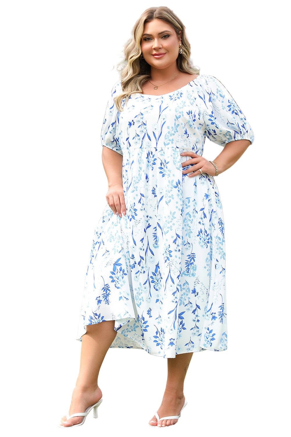 Sky Blue Floral Print Sweetheart Neck Plus Size Midi Dress