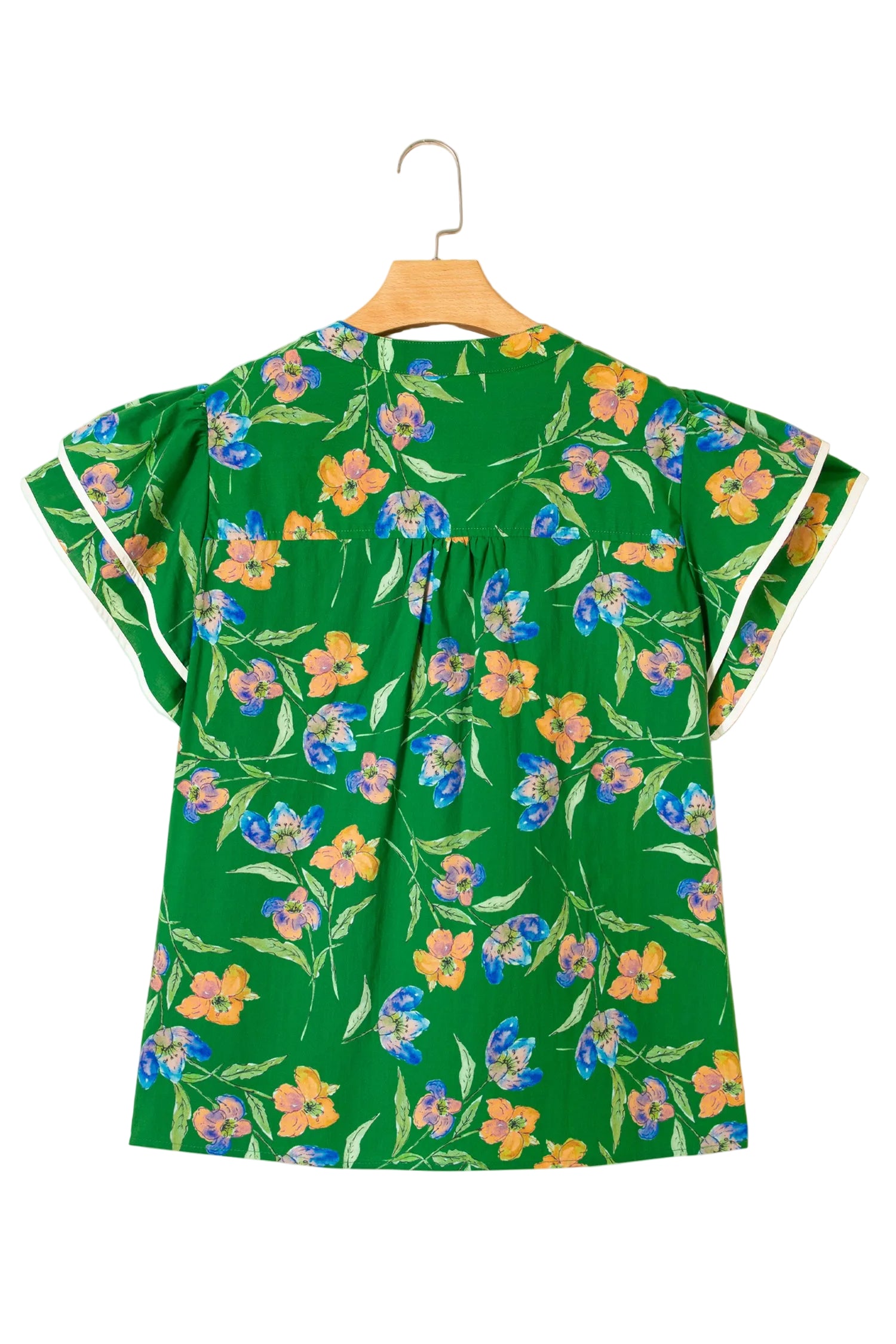 Green Plus Size Ruffled Short Sleeve Floral Top