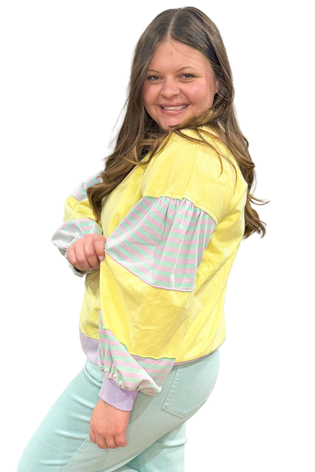 Yellow Striped Colorblock Patchwork Plus Size Pullover Sweatshirt