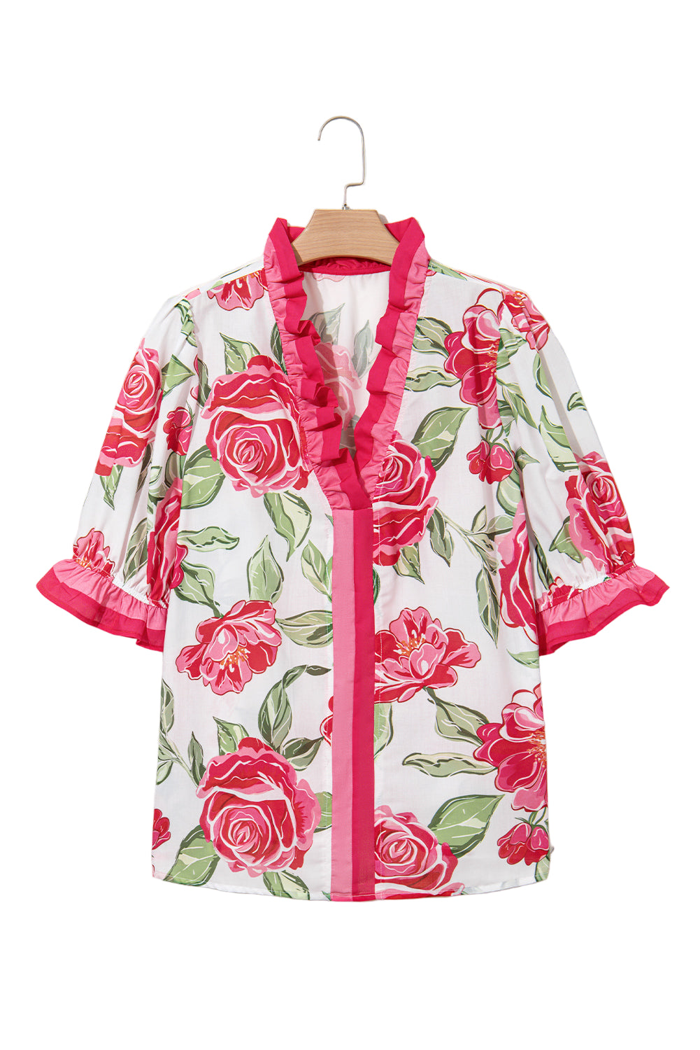 Rose Plus Size Floral Print Frill Neck Short Sleeve Blouse