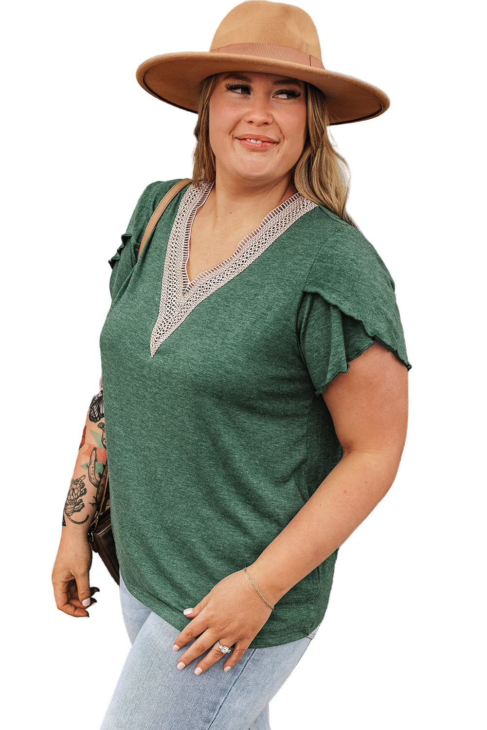 Blackish Green Plus Size Contrast V Neck Draped Sleeve Blouse
