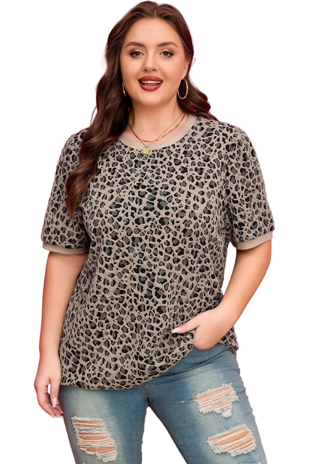 Khaki Leopard Print Textured Plus Size T Shirt