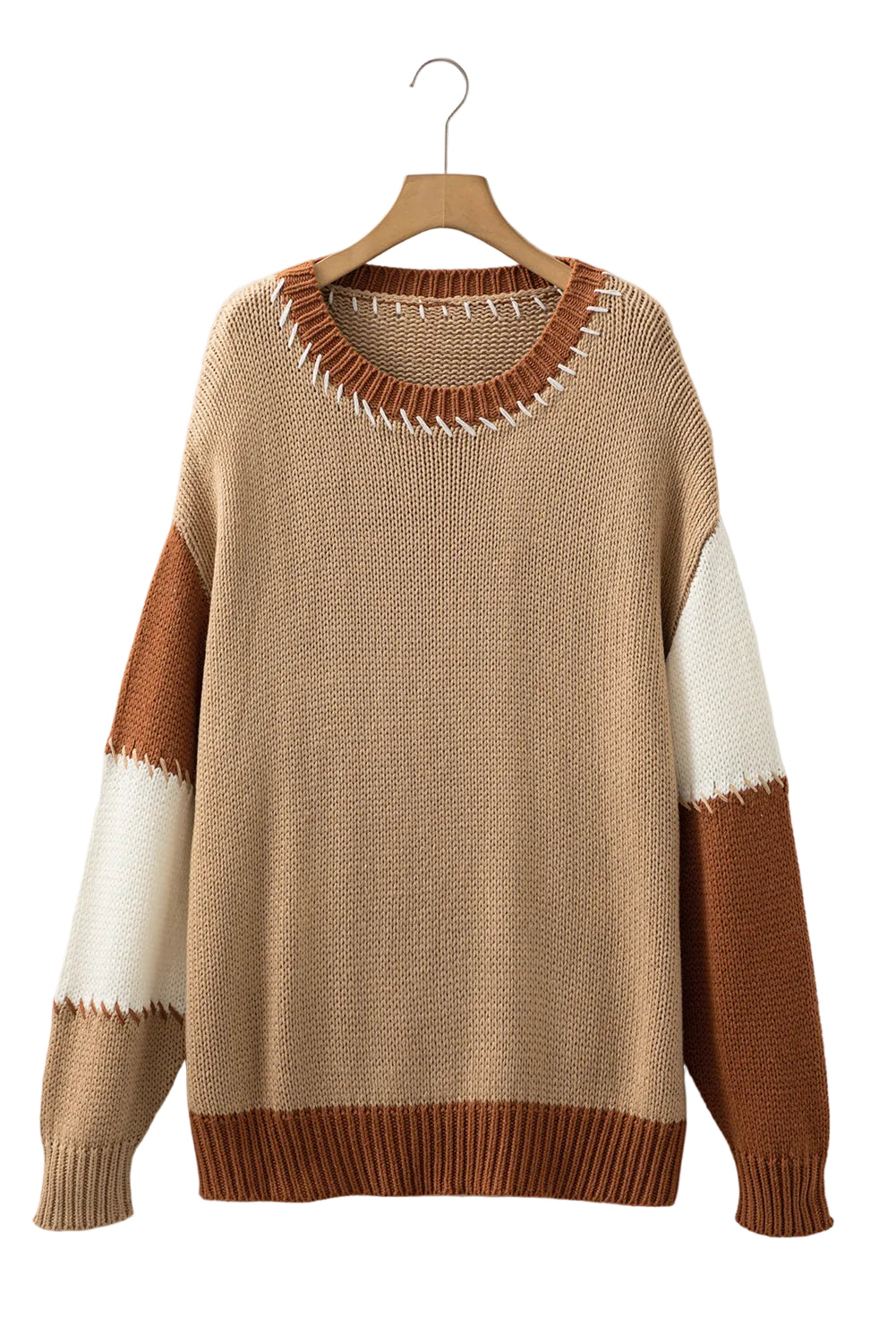 Plus Size Colorblock Knit Contrast Stitch Crewneck Sweater