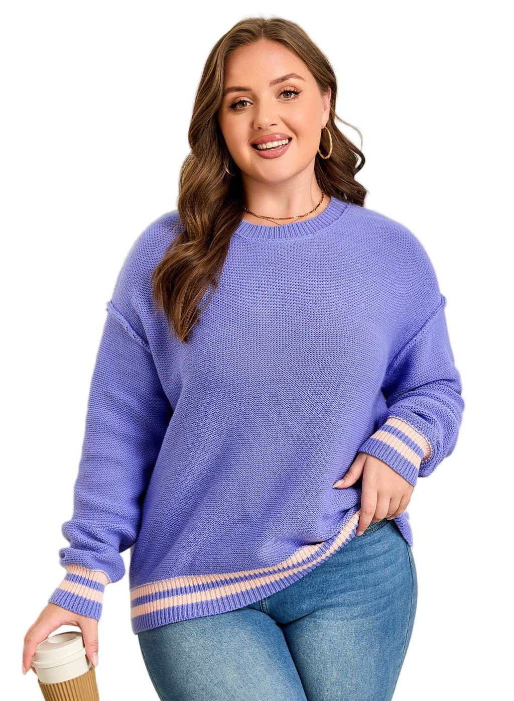 Wisteria Plus Size Striped Trim Drop Shoulder Knit Loose Sweater
