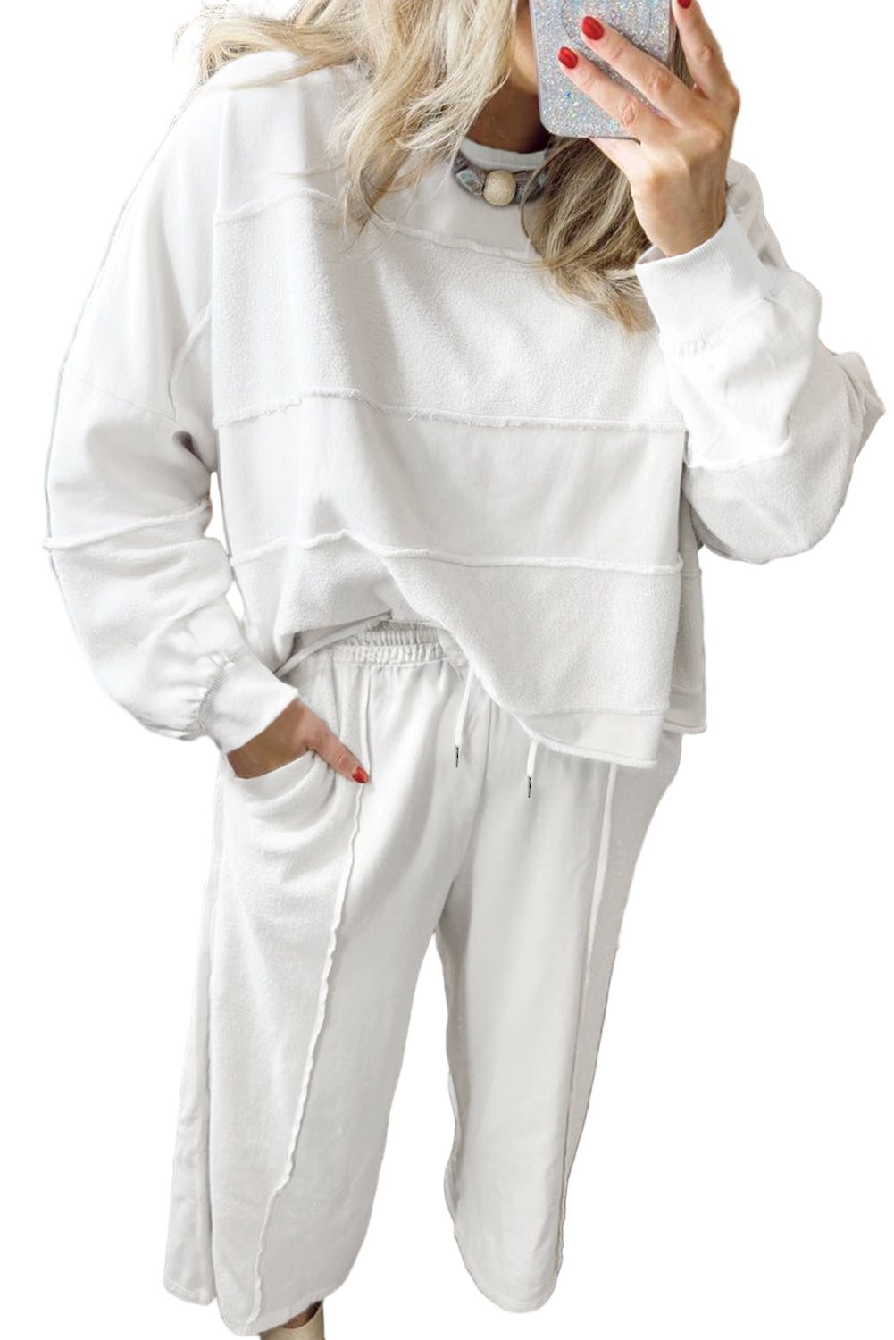 White Textured Raw Seam Plus Size Pullover Top and Drawstring Pants Set