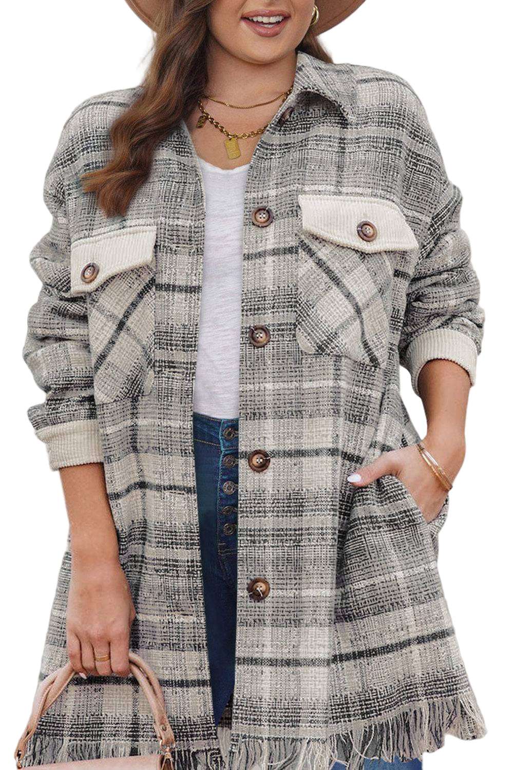 Gray Plus Size Macrame Plaid Coat